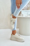 Skórzane Sneakersy Damskie Na Platformie Z Przypinkami I Napisem Vinceza 89102 Beżowe