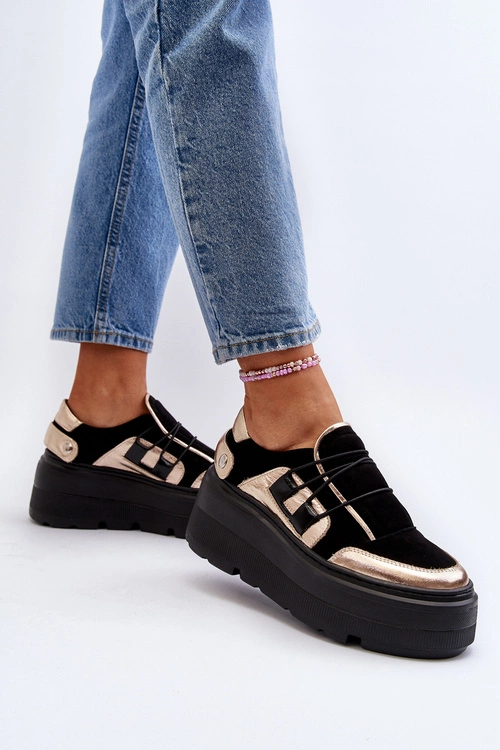 Zazoo 1833 Sneakersy Damskie Skórzane Na Masywnej Podeszwie Czarne