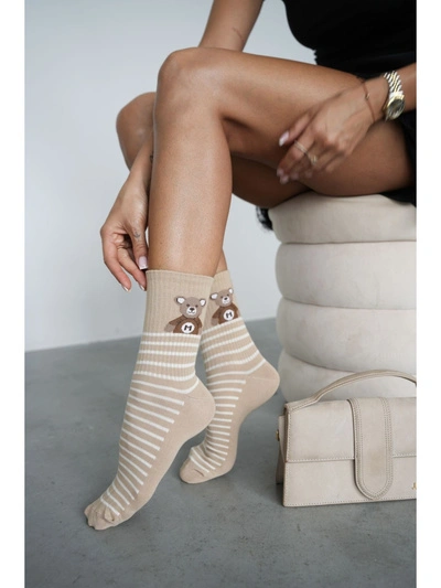 Skarpetki Damskie Miś Z Paskami Beżowe
