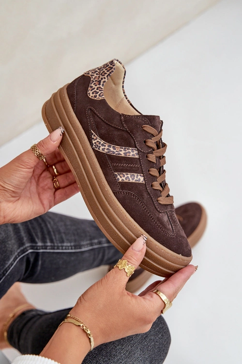 Zazoo N1176 Zamszowe Sneakersy Na Platformie Panterka Czekoladowe