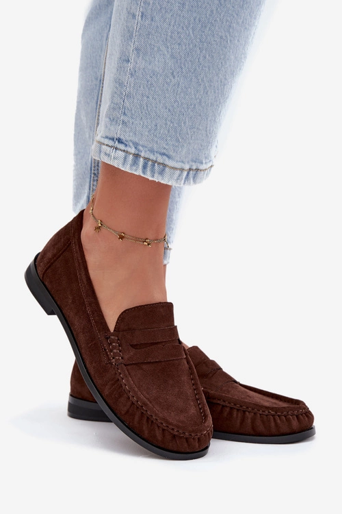 Loafersy Damskie Na Płaskim Obcasie Z Eko Zamszu Brązowe Rivianne