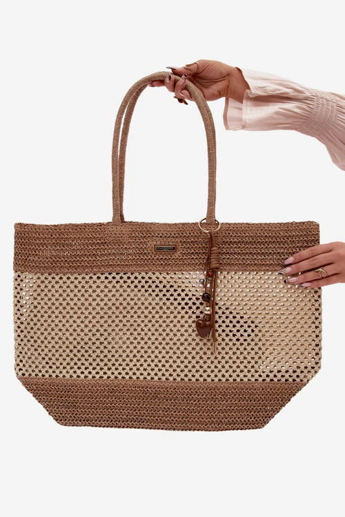 Flora&Co Pleciona Torba Shopper Duża Z Brelokiem Beżowa Lucette