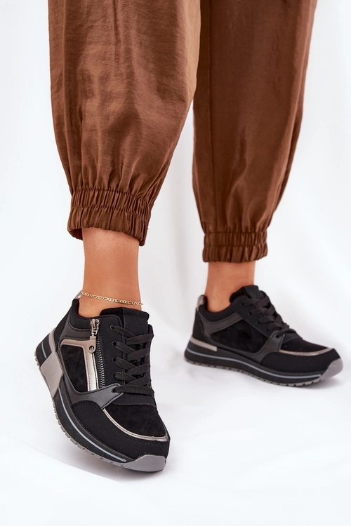 Buty Sportowe Damskie Z Suwakiem Na Platformie Czarne Larys