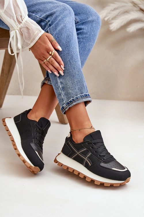 Sneakersy Buty Sportowe Damskie Sznurowane Na Platformie Czarne Mialunae