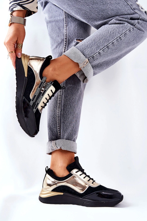 Skórzane Sportowe Buty Sneakersy Czarno Złote Minor
