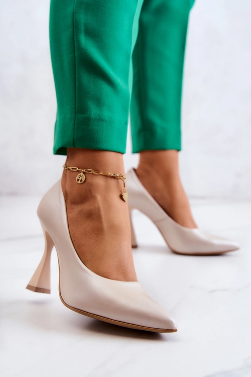 Modne Skórzane Czółenka Lewski Shoes 3181 Beżowe
