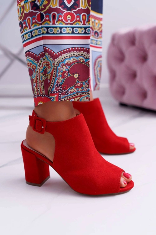 Sandały Damskie Na Słupku Z Cholewką Peep Toe Czerwone Esta