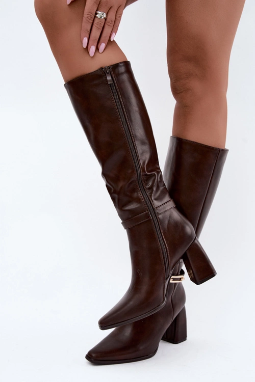 Ocieplane Kozaki Z Dekoracyjnym Paskiem Obcas Słupek Czekoladowe Luvessa
