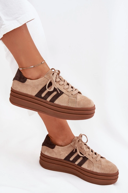 Sneakersy Damskie Na Platformie Z Naturalnego Zamszu Beżowe Eldira
