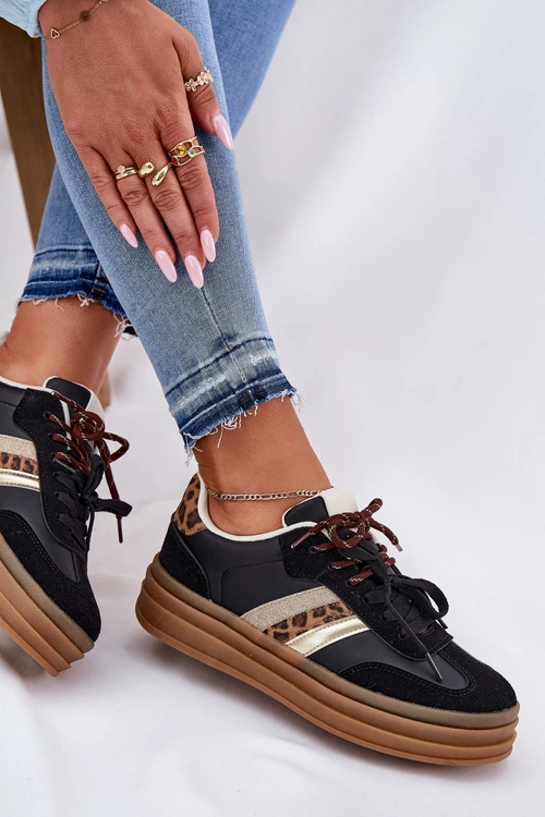Sneakersy Damskie Na Platformie Z Podwójnym Sznurowaniem Panterka Czarne Niteria