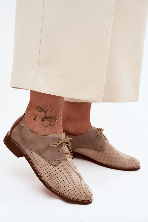 Skórzane Półbuty Damskie Eleganckie Sznurowane Zazoo 4238 Beżowo-Brązowe