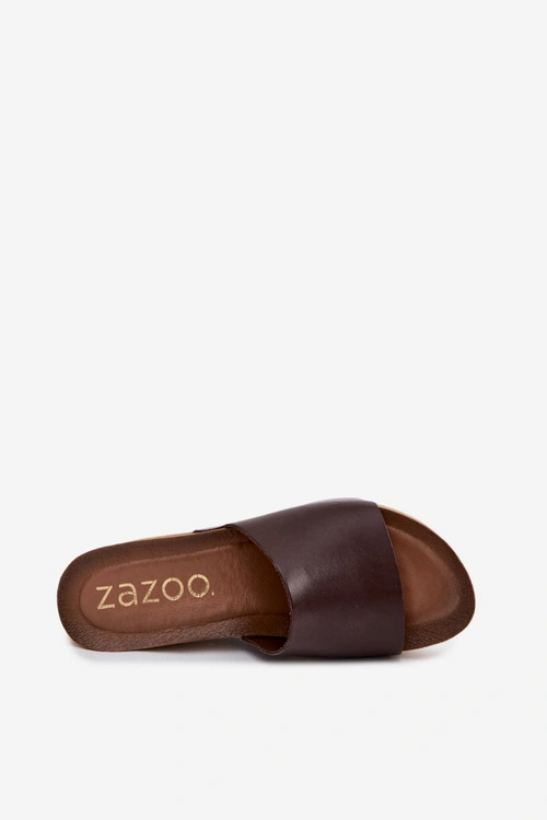 Zazoo 40291 Skórzane Klapki Damskie Na Korkowym Koturnie Czekoladowe