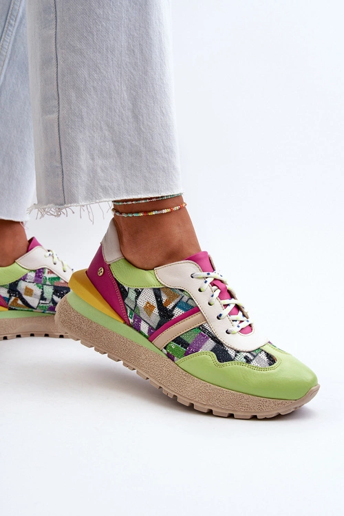 Sneakersy Damskie Skórzane Na Platformie Maciejka 06322-09 Zielono-Różowe