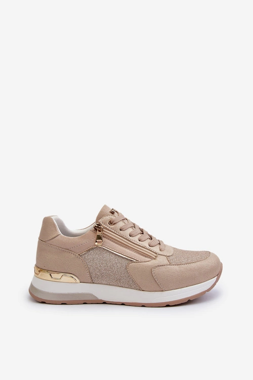 Sneakersy Damskie Z Brokatem I Suwakiem INBLU IN000365 Beżowe